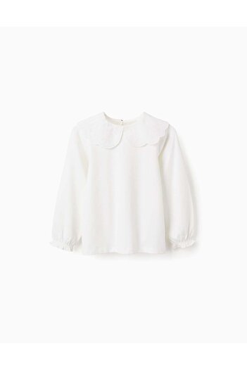 Ziddy T-shirt with Broderie Anglaise Collar and Ruffles for Girls, White