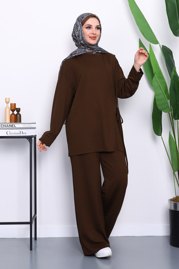 İmajButik Brown Side Tie Tunic with Trousers Modal Suit