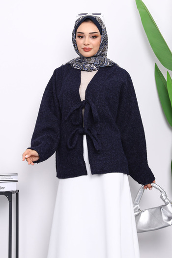 İmajButik Navy Blue Felt Kimono Jacket with Tie Front