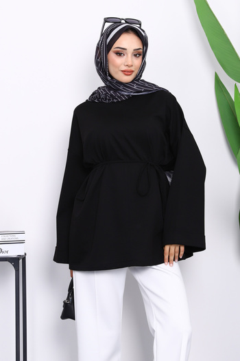 İmajButik Black Tunic with Slits on the Sides and Drawstring Waist