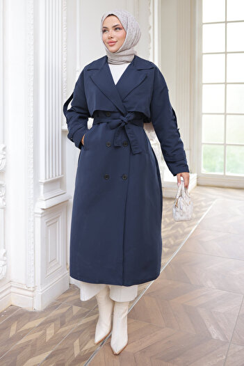 İmajButik Navy Blue Double-Breasted Collar Waist Belted Trench Coat