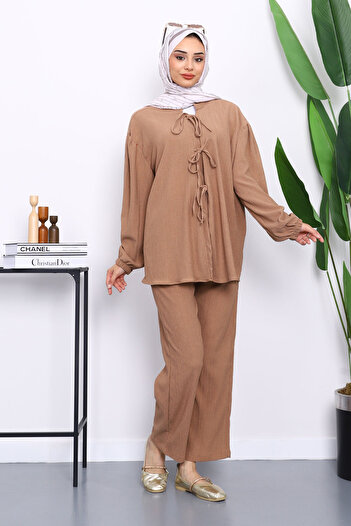 İmajButik Mink Front Tie Wrap Kimono Pants Suit