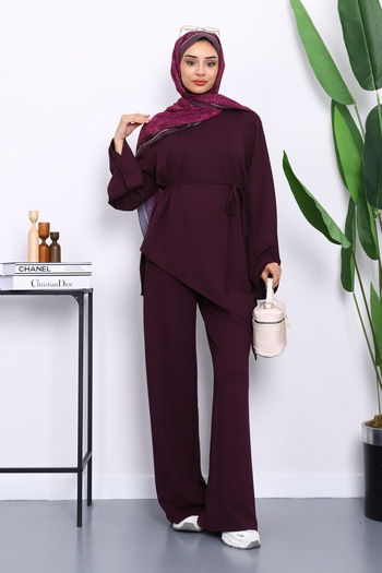 İmajButik Plum Asymmetrical Cut Tunic Trouser Set