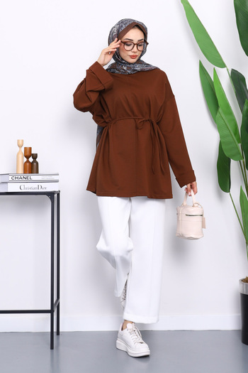 İmajButik Brown Tunic with Slits on the Sides and Drawstring Waist