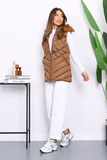 İmajButik Tan Hooded Puffer Vest with Pockets