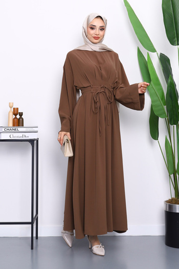 İmajButik Dark Mink Pleated Dress with Tie at the Waist