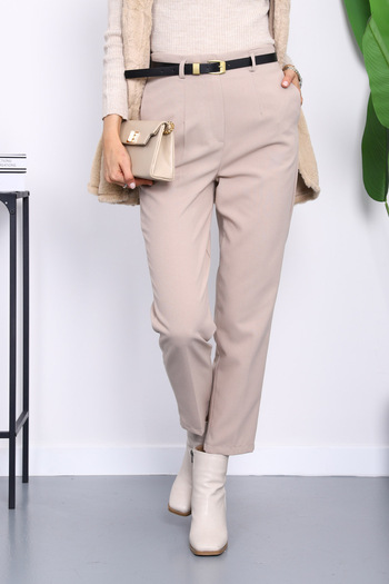 İmajButik Stone Belted Carrot Trousers with Pencil Legs on the Front