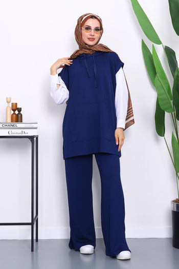 İmajButik Navy Blue Hooded Sweater with Pants Modal Set