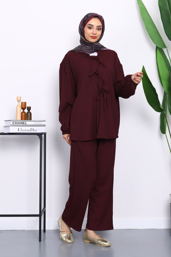 İmajButik Plum Front Tie Wrap Kimono Pants Suit