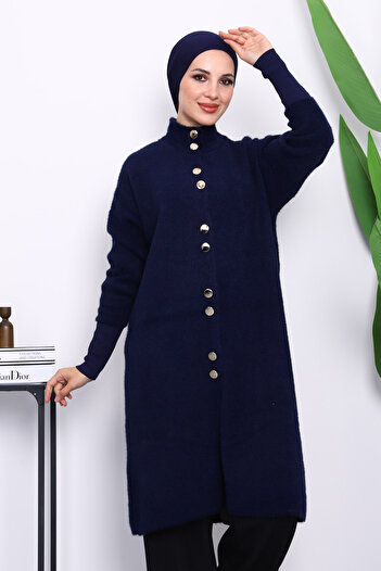 İmajButik Navy Blue Buttoned Angora Soft Knit Cardigan