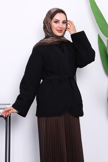İmajButik Black Quilted Belted Lined Jacket