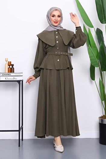 İmajButik Khaki Collar Detailed Shirt Skirt Set