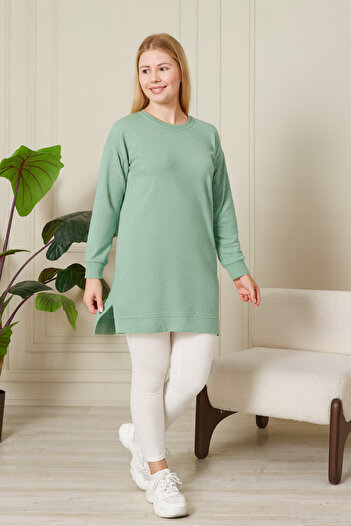 Birol Triko Women's Water Green Slit Tunic with Crystal Stone Accessories