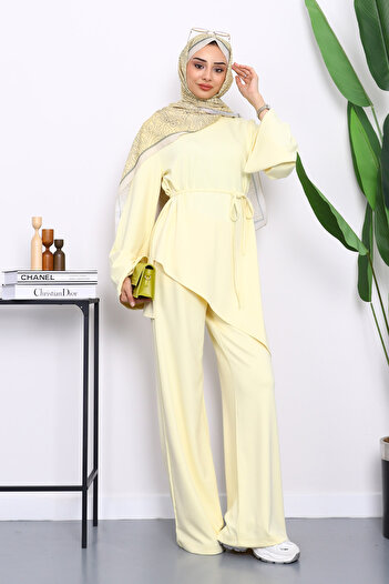 İmajButik Yellow Asymmetrical Cut Tunic Trouser Suit