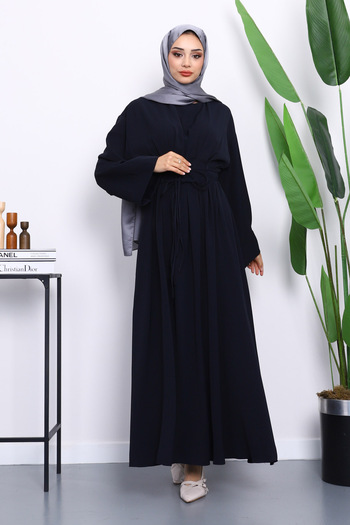 İmajButik Navy Blue Pleated Dress with Tie at the Waist
