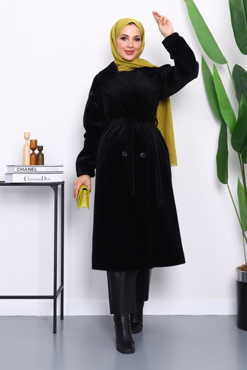 İmajButik Black Double-Breasted Collar Belted Angora Coat