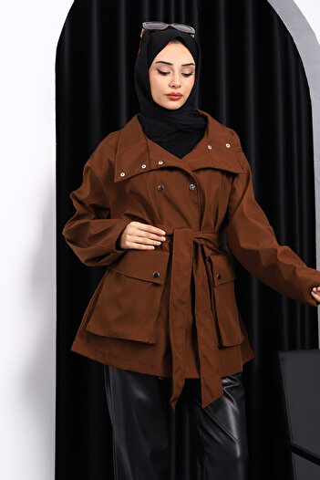 İmajButik Καφέ Oversize Bondit Trench με τσέπες