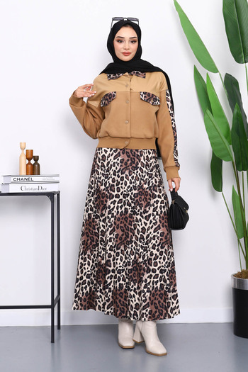 İmajButik Biscuit Leopard Print Jacket Skirt Set