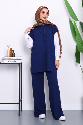 İmajButik Navy Blue Hooded Sweater with Pants Modal Set