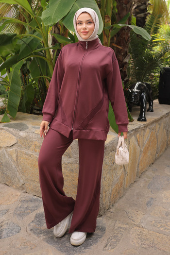 İmajButik Plum Mesh Detailed Zippered Tunic Trouser Set
