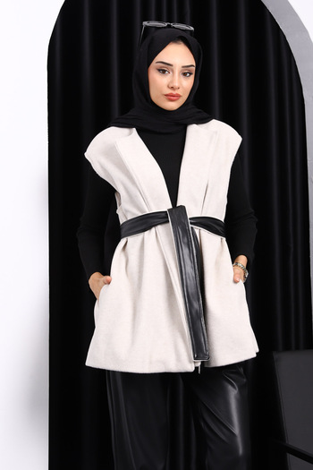 İmajButik Stone Belted Double Pocket Cashmere Vest