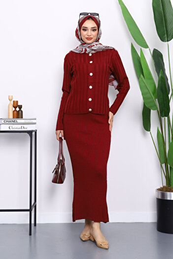 İmajButik Burgundy Crop Cardigan Knitwear Dress Two-Piece Combination