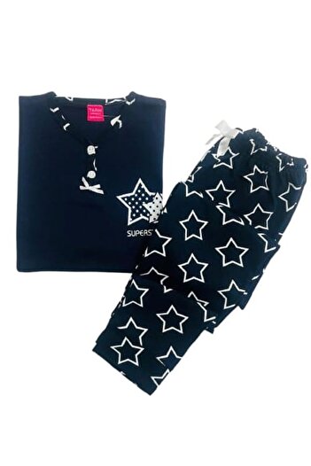 Tarık Girl's 100% Cotton Half Button Interlock Navy Blue Star Pattern Long Sleeve Travel Pajama Set