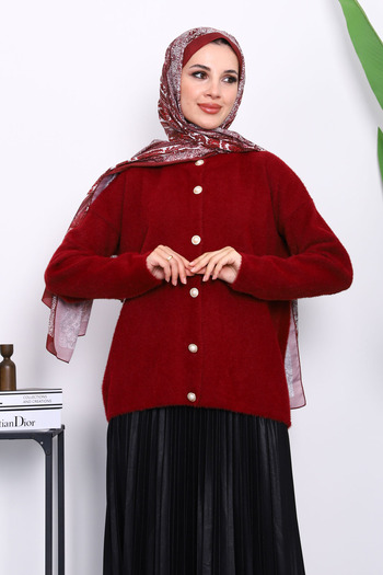 İmajButik Burgundy Crew Neck Angora Soft Cardigan