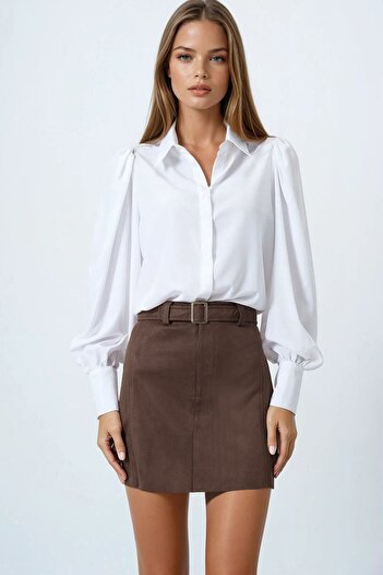 VAGGON Women's Bitter Brown Gold Buckle Belted Suede Look Mini Shorts Skirt Vs00853