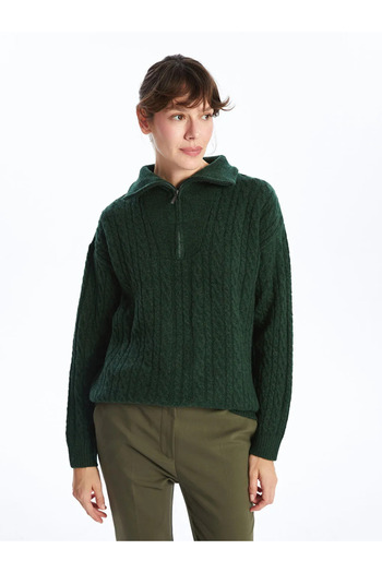 LC Waikiki LCWAIKIKI Pulover de tricotat pentru femei, verde de bază, cu guler înalt, cu model