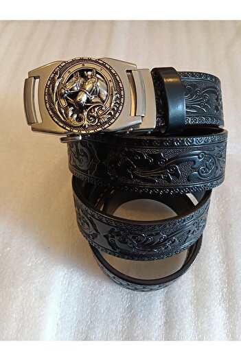 Butik Tülin Unisex Authentic Genuine Cowhide Leather Floral Print Black Silver Double Horse Head Automatic Buckle Belt Thailand