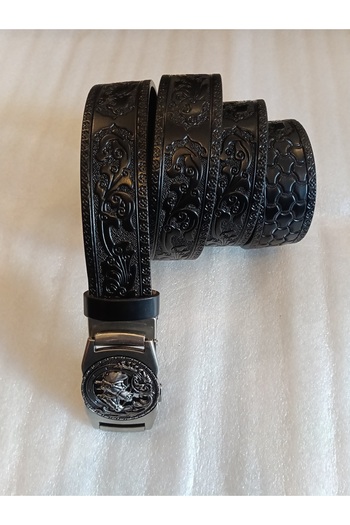 Butik Tülin Unisex Authentic Genuine Cowhide Leather Floral Print Black Silver Double Horse Head Automatic Buckle Belt Thailand