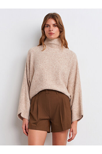 Dilvin 10817 Batwing Sleeve Wool Blend Knitwear Sweater-Beige Melange