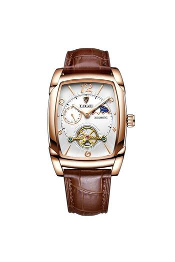 Lige Men's Watch Mechanical Automatic Rectangular Case Brown Leather Strap Tourbillion Mechanism