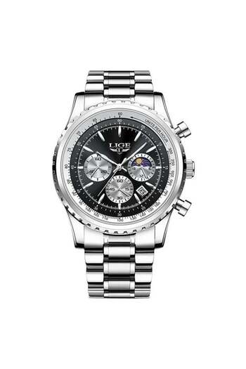 Lige Men's Watch Quartz Analog Stainless Steel Silver Black Chronograph Date