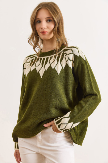 Olalook Pulover tricotat pentru femei, verde ulei, cu detaliu la manșete, KZK-19001023
