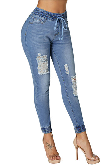 WildFashion Denim pants with elastic waist and cuts G681-411