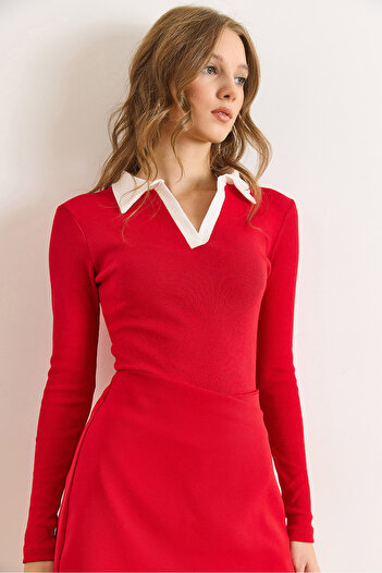 Olalook Women's Red White Color Block Polo Neck Cotton Stretchy Blouse Blz-19003104