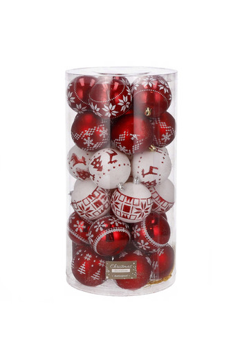 SERSIMO Christmas bauble set with holiday patterns, 30 pieces, 7cm, white and red