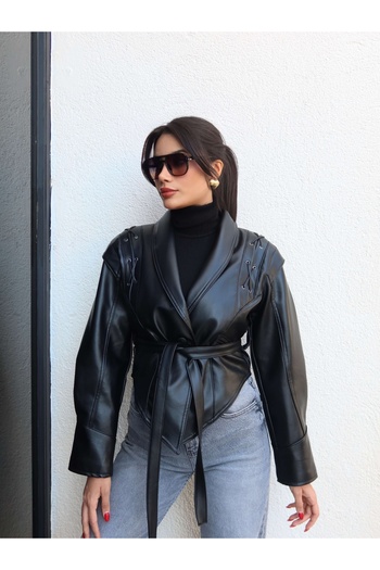 ESRAHELVACI Asymmetrical Leather Jacket with Shoulder Lace Detail