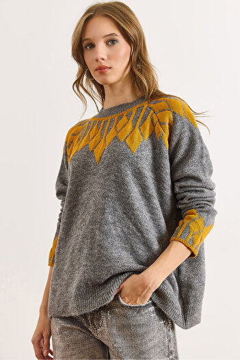 Olalook Women's Gray Collar Cuff Detailed Knitwear Sweater Kzk-19001023