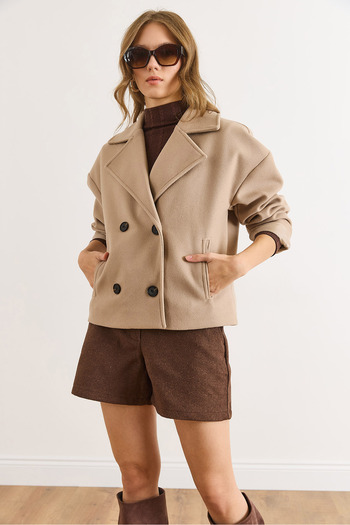 Olalook Women's Stone Lined Double Breasted Collar Pocketed Short Cashmere Coat Kbn-19000015