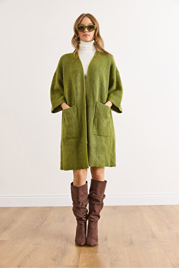 Olalook Women's Oil Green Soft Textured Pocket Knit Cardigan Hrk-19000424