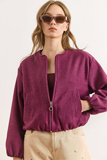 Olalook Women's Purple Pocket Lined Crew Neck Crop Cashmere Jacket Ckt-19000485