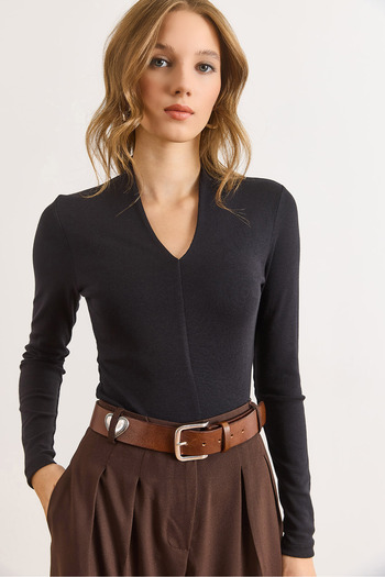 Olalook Women's Black Combed Modal Deep V Neck Stretchy Blouse Blz-19003136