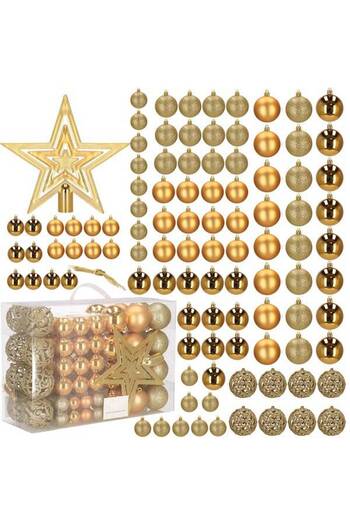 SERSIMO Christmas baubles and decorations set, 100 pieces, various sizes with star, gold