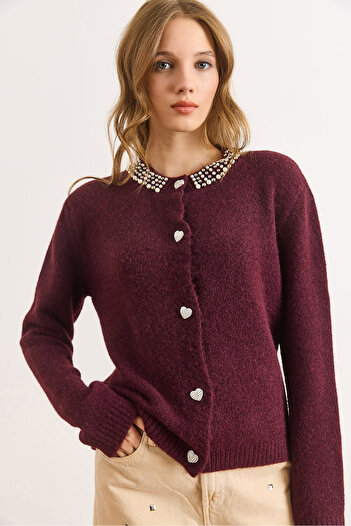 Olalook Women's Burgundy Collar Stone Detailed Heart Button Knitwear Cardigan Hrk-19000426