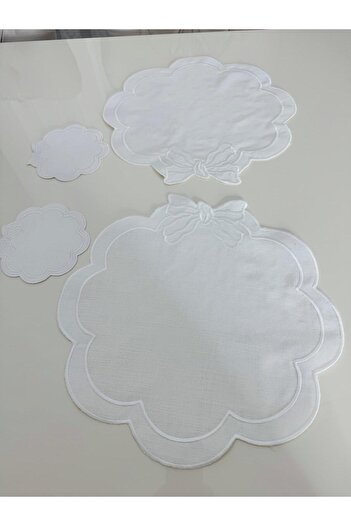 İNCİ ÇEYİZ 4 Pieces First Quality Linen Ribbon Pattern Embroidered American Serviette and Presentation Napkin
