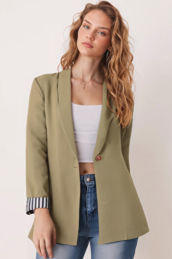armonika Women's Pistachio Green Inside Arm Striped Single Button Jacket Arm-22K001122