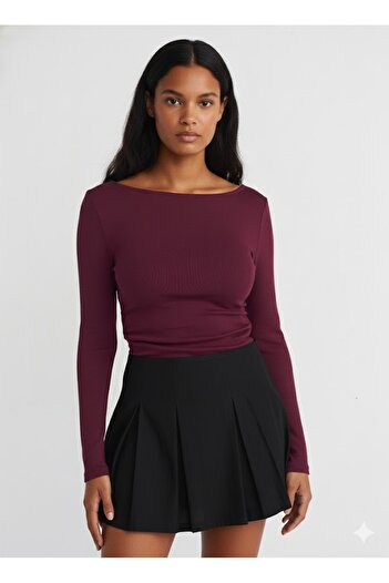 Dilvin 31401 Gathered Boat Neck Top-Dark Red (Bordo)